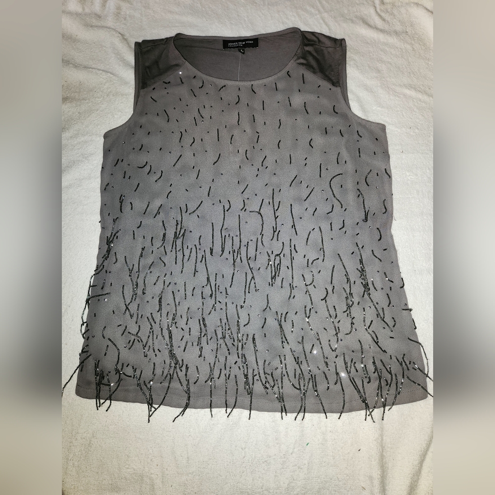 Jones New York Gray Sleeveless Blouse with Beaded